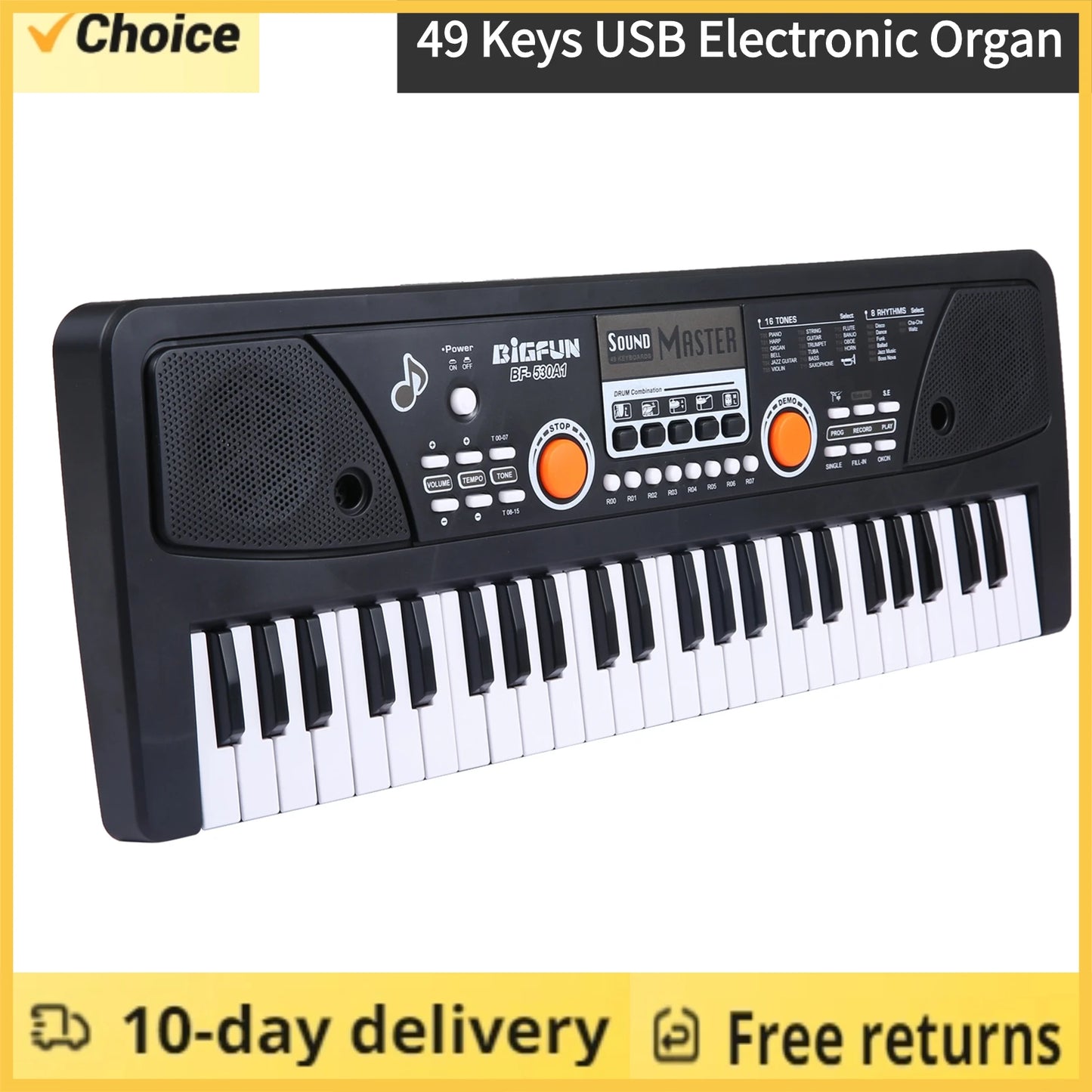 BIGFUN 49 Keys USB Electronic Organ Keyboard Piano Digital Music Electronic Keyboard with Microphone Black