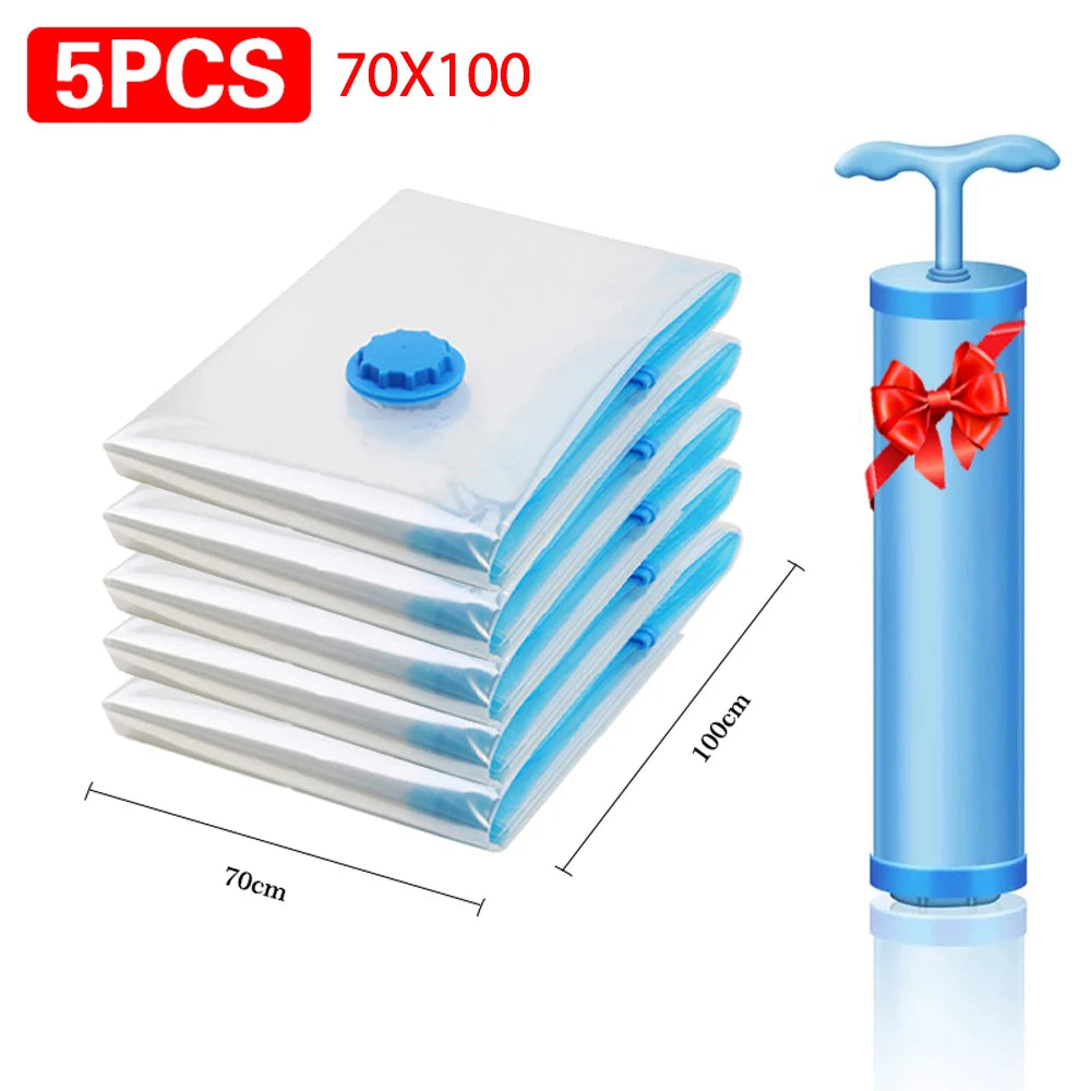 5Pcs Vacuum Bags for Storing Clothes Space Saver Vacuum Storage Bag with Hand Pump for Comforters,Blanket Storage,Bedding