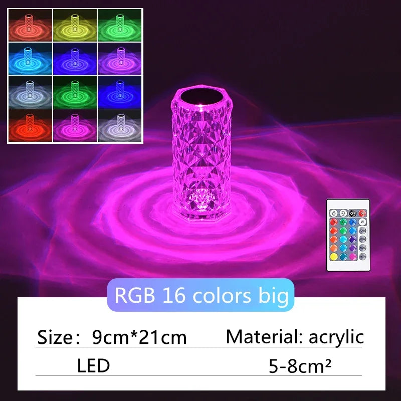 LED Rose Lamp Crystal Table Lamp 3/16 Colors Touch/Remote Diamond Romantic Christmas USB Party Night Light Projector Light