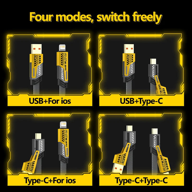PD 65W 27W 4 in 1 Mecha Style Quick Charge Data Cable For iPhone 16 15 Samsung Xiaomi Multi Port Fast Charging USB Type C Cables