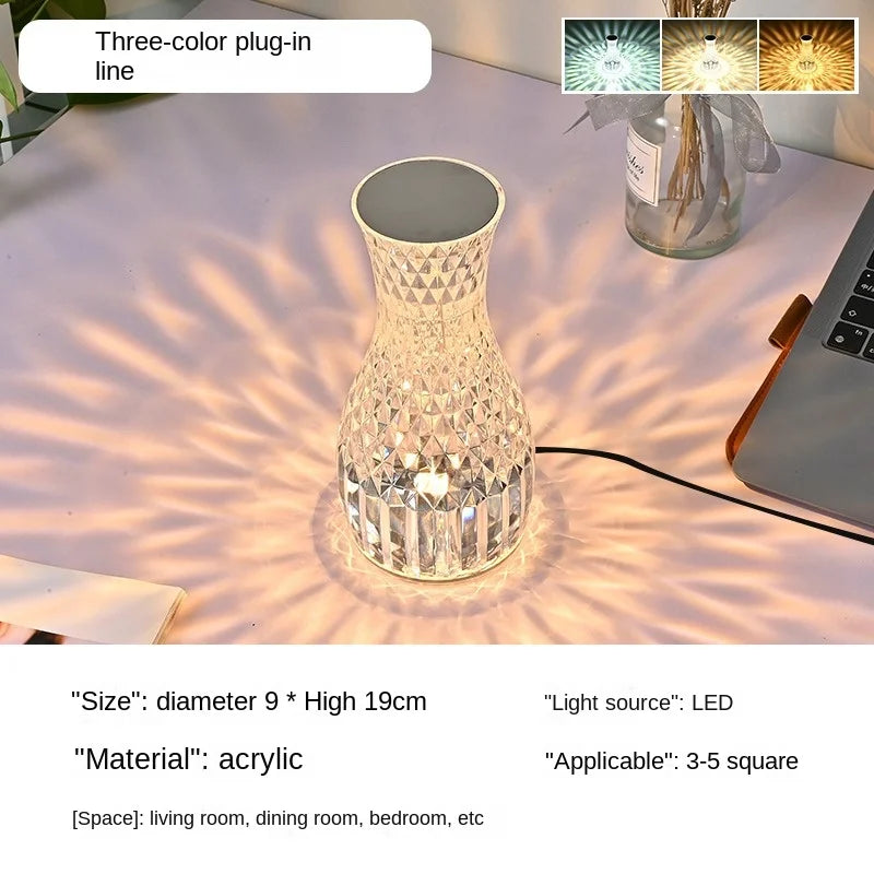 Crystal rechargeable vase table lamp, bedroom bedside lamp, creative diamond night light, dimmable bedside table ambient light