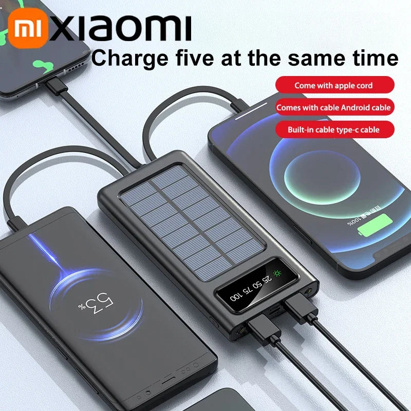 Xiaomi Solar Power Bank 200000mAh Large Capacity Mobile Power Fast Charging Battery With Dual USB 4-Cables For iPhone Samsung