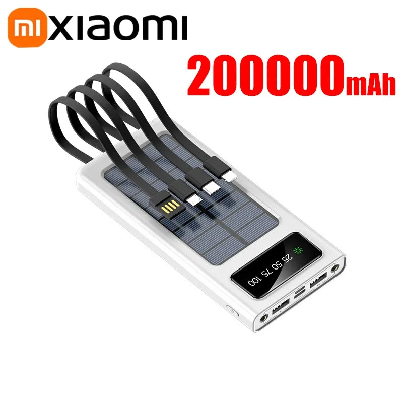Xiaomi Solar Power Bank 200000mAh Large Capacity Mobile Power Fast Charging Battery With Dual USB 4-Cables For iPhone Samsung