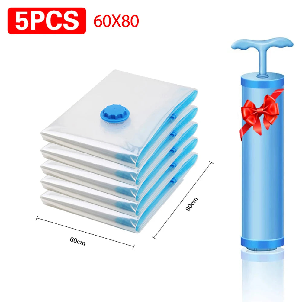 5Pcs Vacuum Bags for Storing Clothes Space Saver Vacuum Storage Bag with Hand Pump for Comforters,Blanket Storage,Bedding