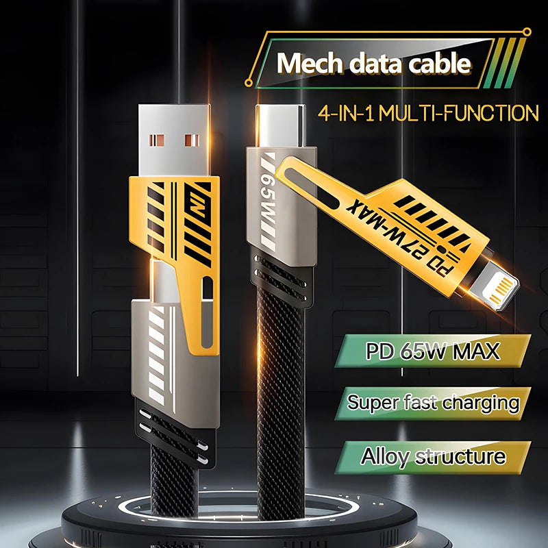 PD 65W 27W 4 in 1 Mecha Style Quick Charge Data Cable For iPhone 16 15 Samsung Xiaomi Multi Port Fast Charging USB Type C Cables