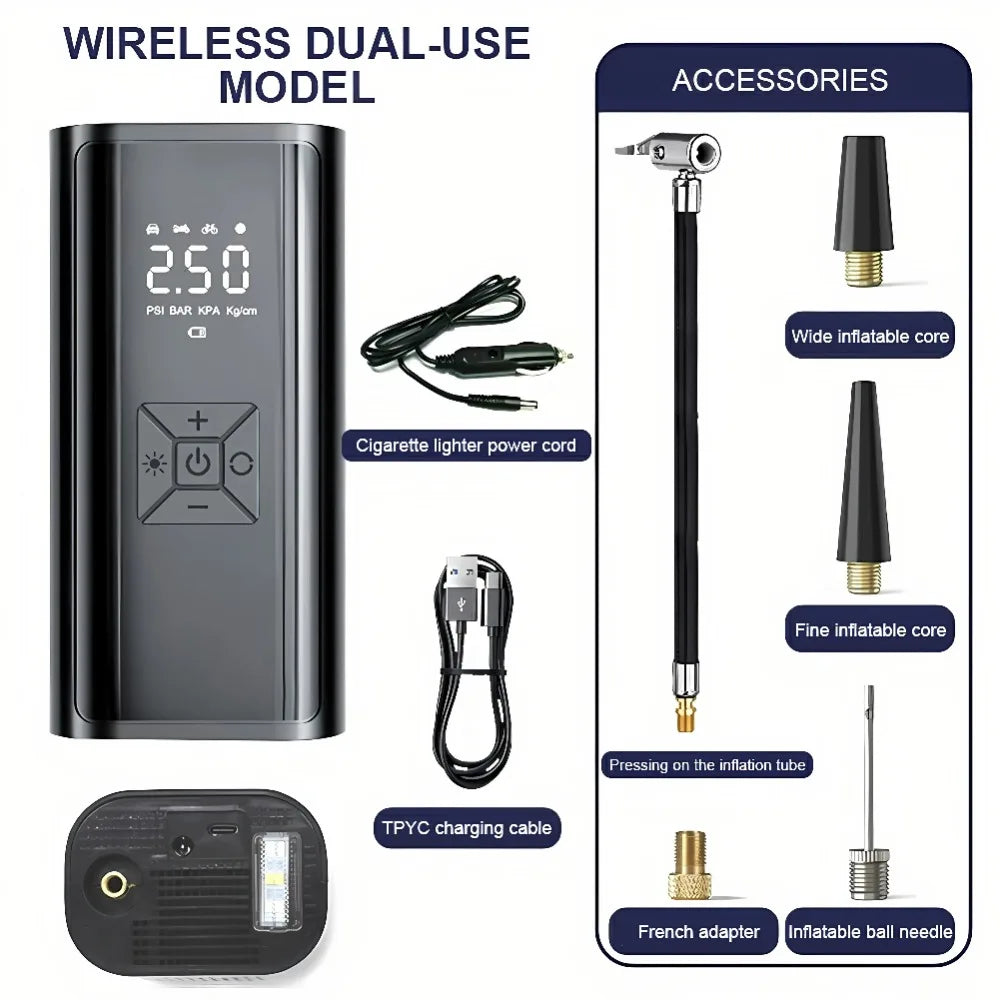 SUITU 120W Handheld Car Tire Inflator. It can be a wired inflator without a battery or a wireless inflator with a battery
