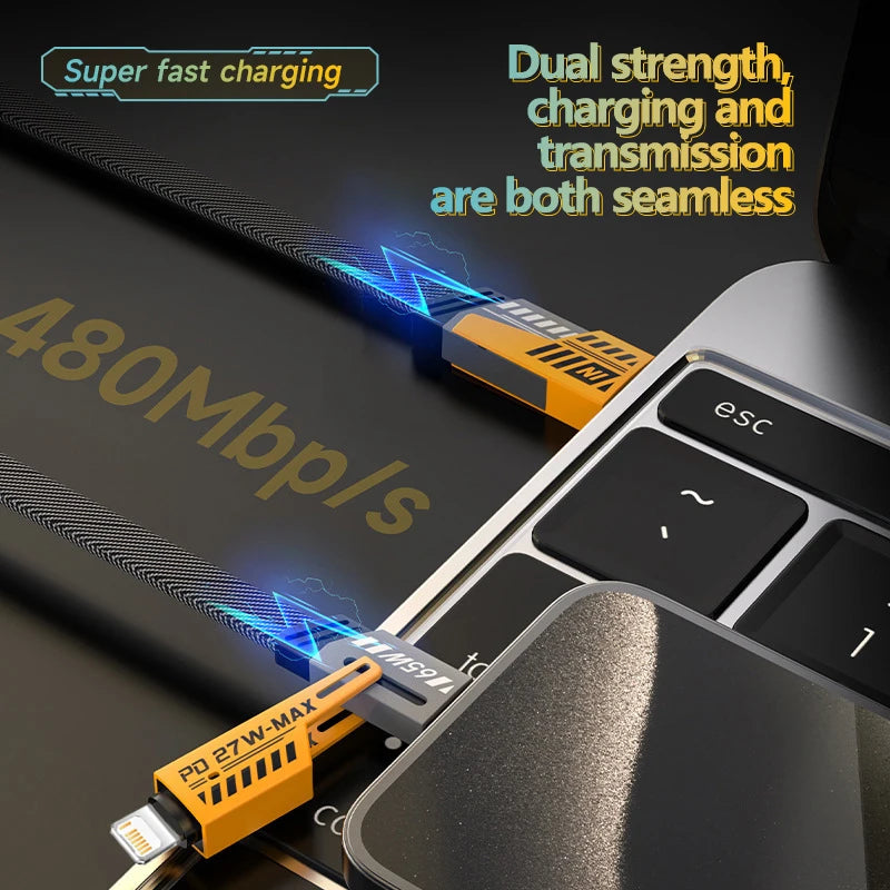 PD 65W 27W 4 in 1 Mecha Style Quick Charge Data Cable For iPhone 16 15 Samsung Xiaomi Multi Port Fast Charging USB Type C Cables