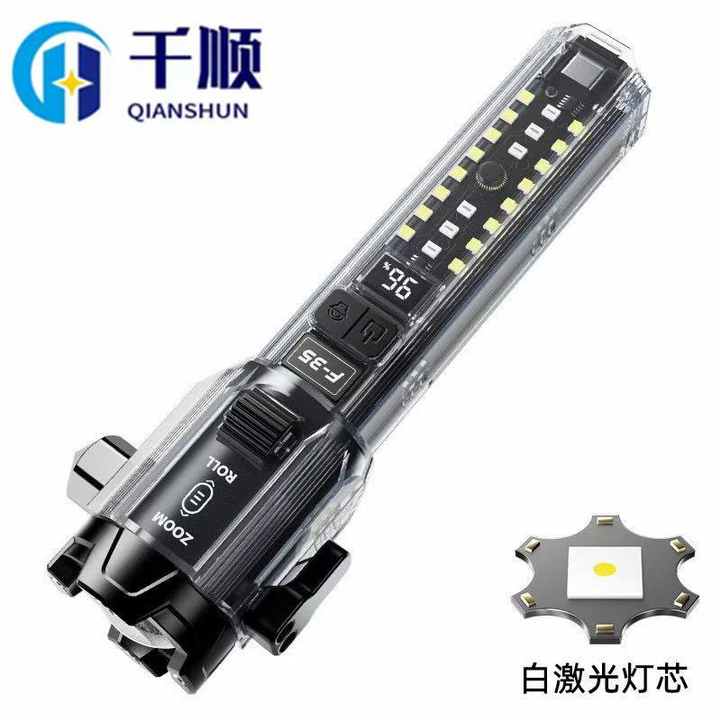 New multi-functional high-intensity flashlight with long-range outdoor window breaker, roller zoom, dual light source, rechargeable flashlight