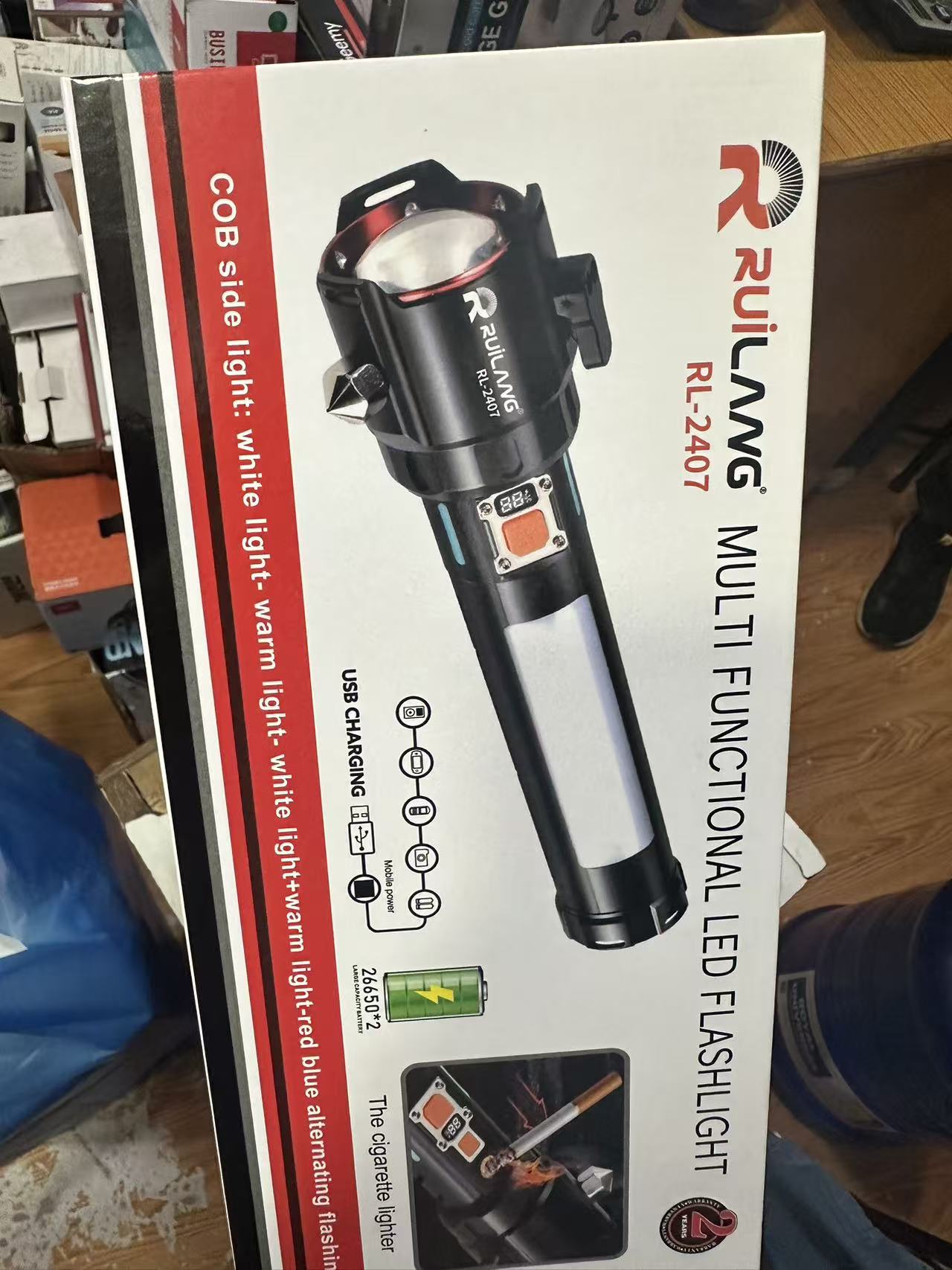 High Power Zoom LED Flashlight with USB Charging COB Safety Hammer Multi-functional Waterproof Aluminum Alloy White Laser Torch