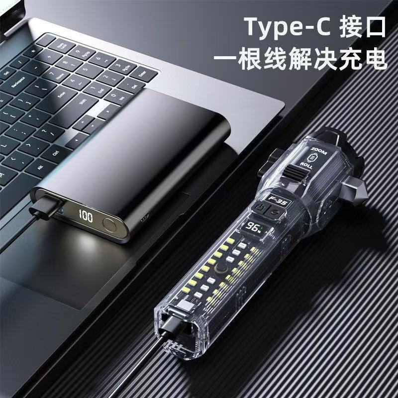 New multi-functional high-intensity flashlight with long-range outdoor window breaker, roller zoom, dual light source, rechargeable flashlight