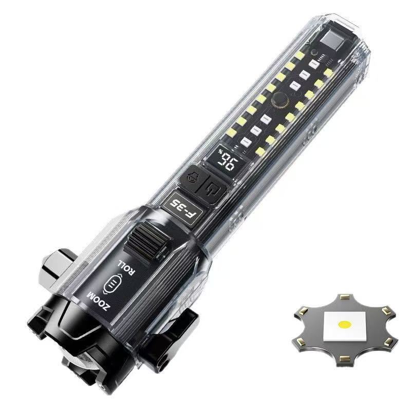New multi-functional high-intensity flashlight with long-range outdoor window breaker, roller zoom, dual light source, rechargeable flashlight