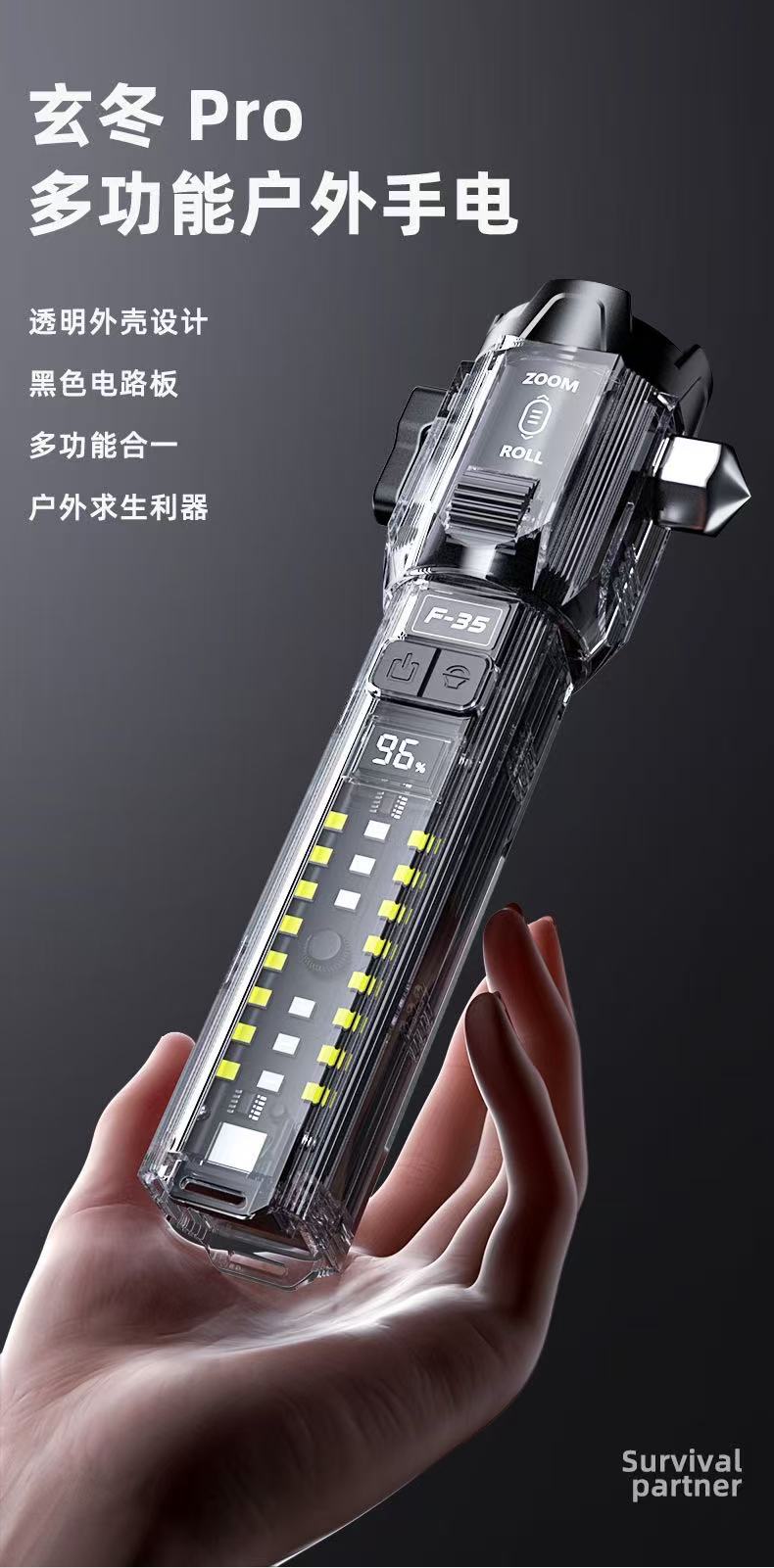 New multi-functional high-intensity flashlight with long-range outdoor window breaker, roller zoom, dual light source, rechargeable flashlight