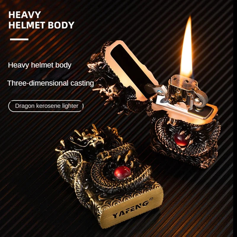 Heavy Craftsmanship Relief Grinding Wheel Open Flame Lighter Vintage Retro Three-dimensional Relief Metal Shell Men's Gift