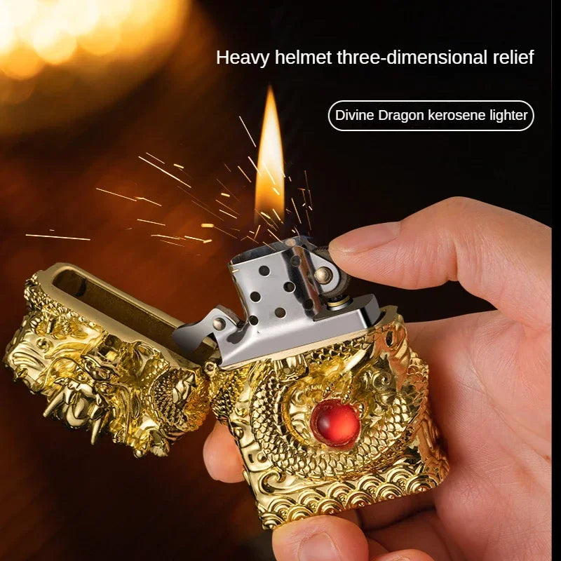 Heavy Craftsmanship Relief Grinding Wheel Open Flame Lighter Vintage Retro Three-dimensional Relief Metal Shell Men's Gift