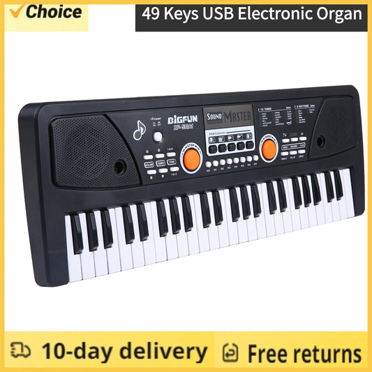 BIGFUN 49 Keys USB Electronic Organ Keyboard Piano Digital Music Electronic Keyboard with Microphone Black