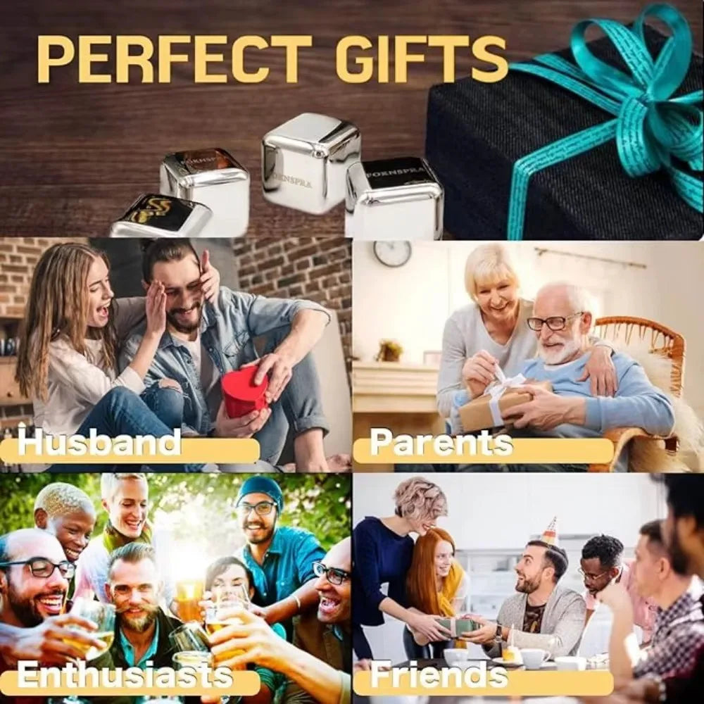 4PCS Stainless Steel Ice Cubes Reusable Quick-Freeze Whiskey Stones Perfect Husband Parent Gift for Coffee Drinks Wine Beer