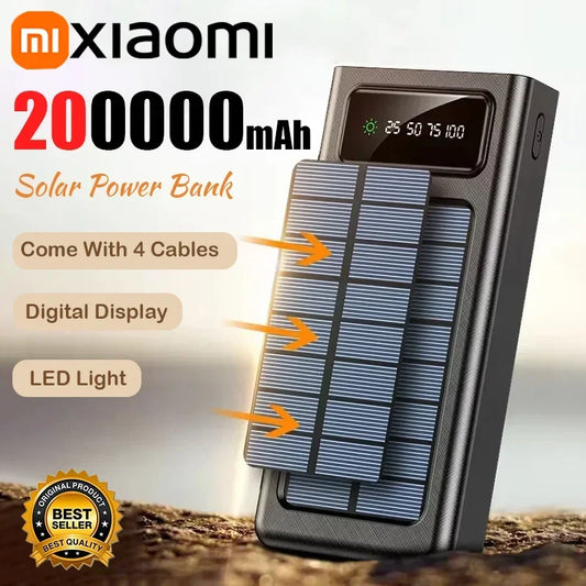 Xiaomi Solar Power Bank 200000mAh Large Capacity Mobile Power Fast Charging Battery With Dual USB 4-Cables For iPhone Samsung