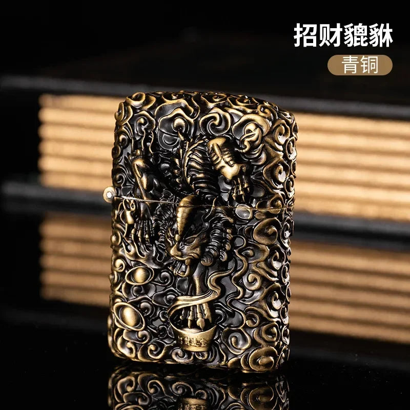 Heavy Craftsmanship Relief Grinding Wheel Open Flame Lighter Vintage Retro Three-dimensional Relief Metal Shell Men's Gift