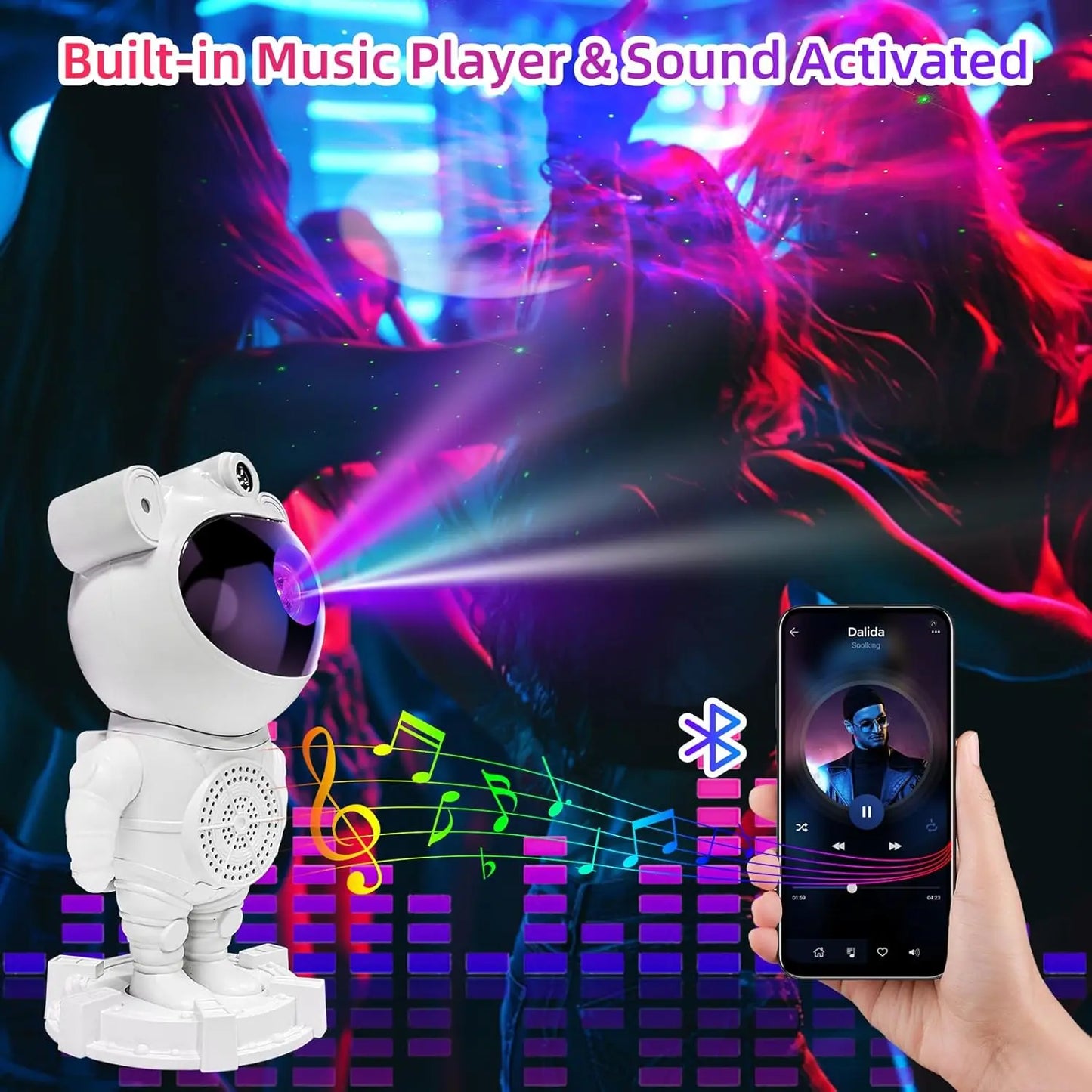 Bluetooth Astronaut Voice-controlled Projection Light, USB Full-color Star-Moon White Noise Spaceman RGB Starry Sky Ambient Ligh
