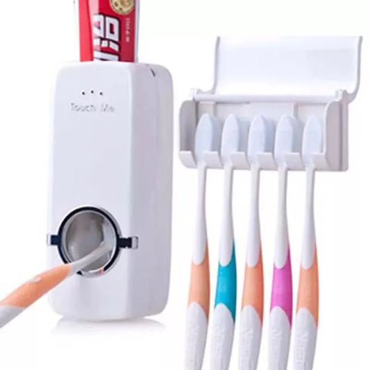 Home Family Automatic Auto Toothpaste Dispenser and 5 Toothbrush Holder Set Wall Mount Stand Toothpaste Squeezer