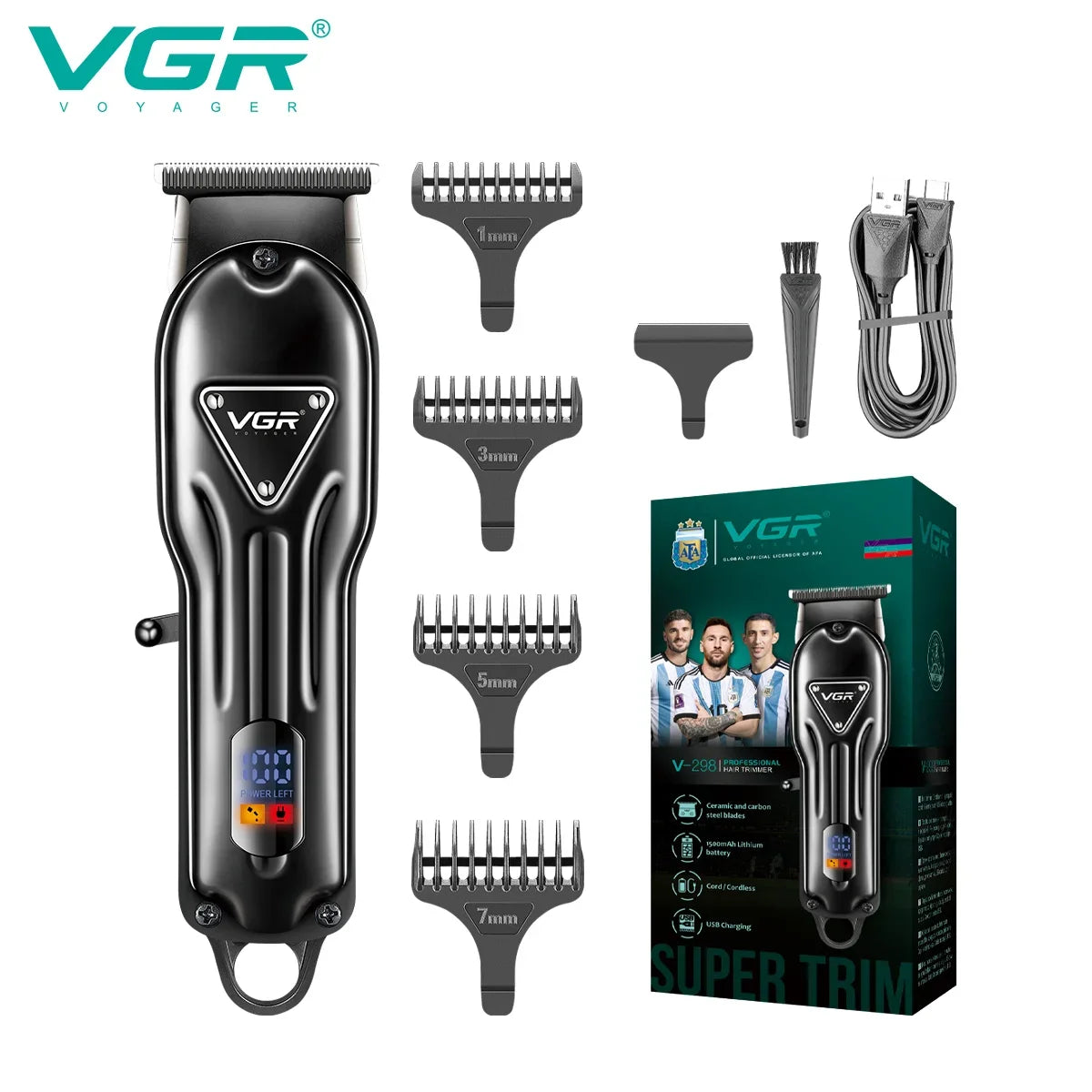 VGR V-298 electric metal hair clipper, professional high-power electric push shear, oil head carving, intelligent digital displa