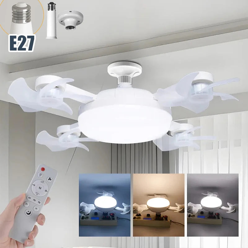 Socket Fan Lights with Remote Ceiling Fan with Light 3-Color Dimmable LED Ultra-Quiet Waterproof with Foldable for Bedroom Use