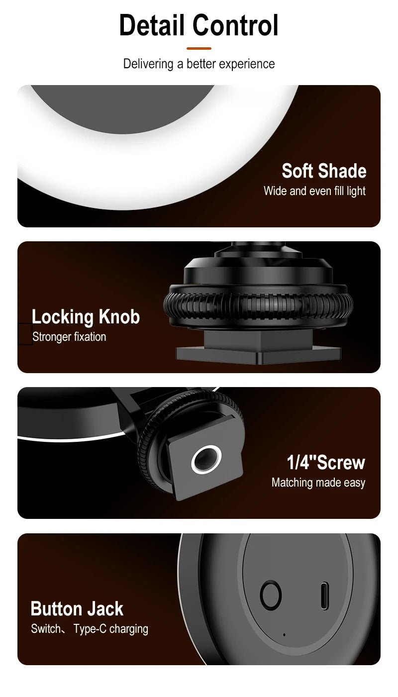 Portable Fill Light for Selfie Stick All Round Rotation Multi Ports for 1/4 Screw Cameras Magic Arm Live Broadcast Mobile Phone