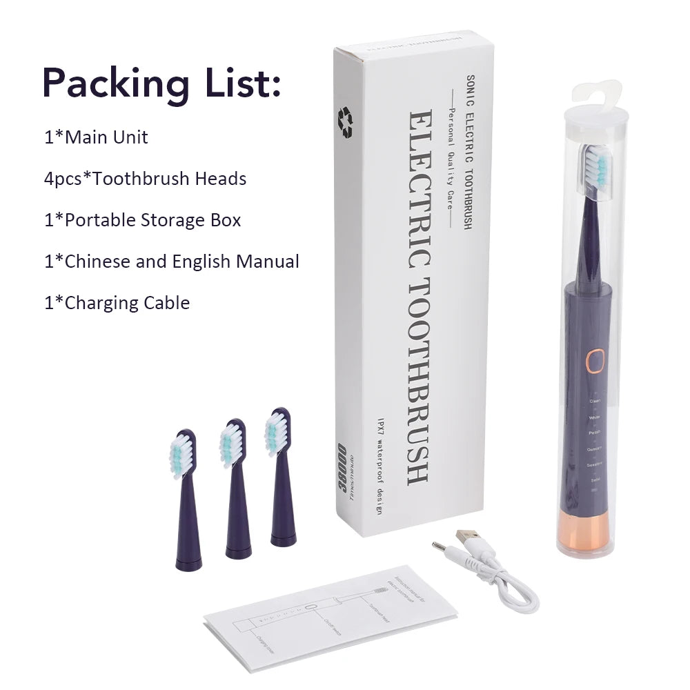Electric Toothbrush For Adults USB Rechargeable Sonic Toothbrush 6 Modes Cleaning Teeth Brush With 4PCS Replacement Heads IPX7