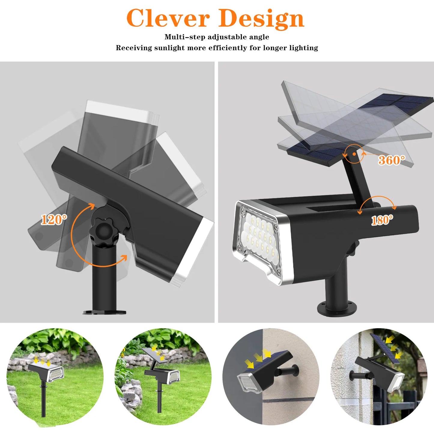 Solar Lawn Lamp Outdoor Adjustable Solar LED Wall Lights Sunlight Landscape Spotlights Yard Garden Driveway Path Light