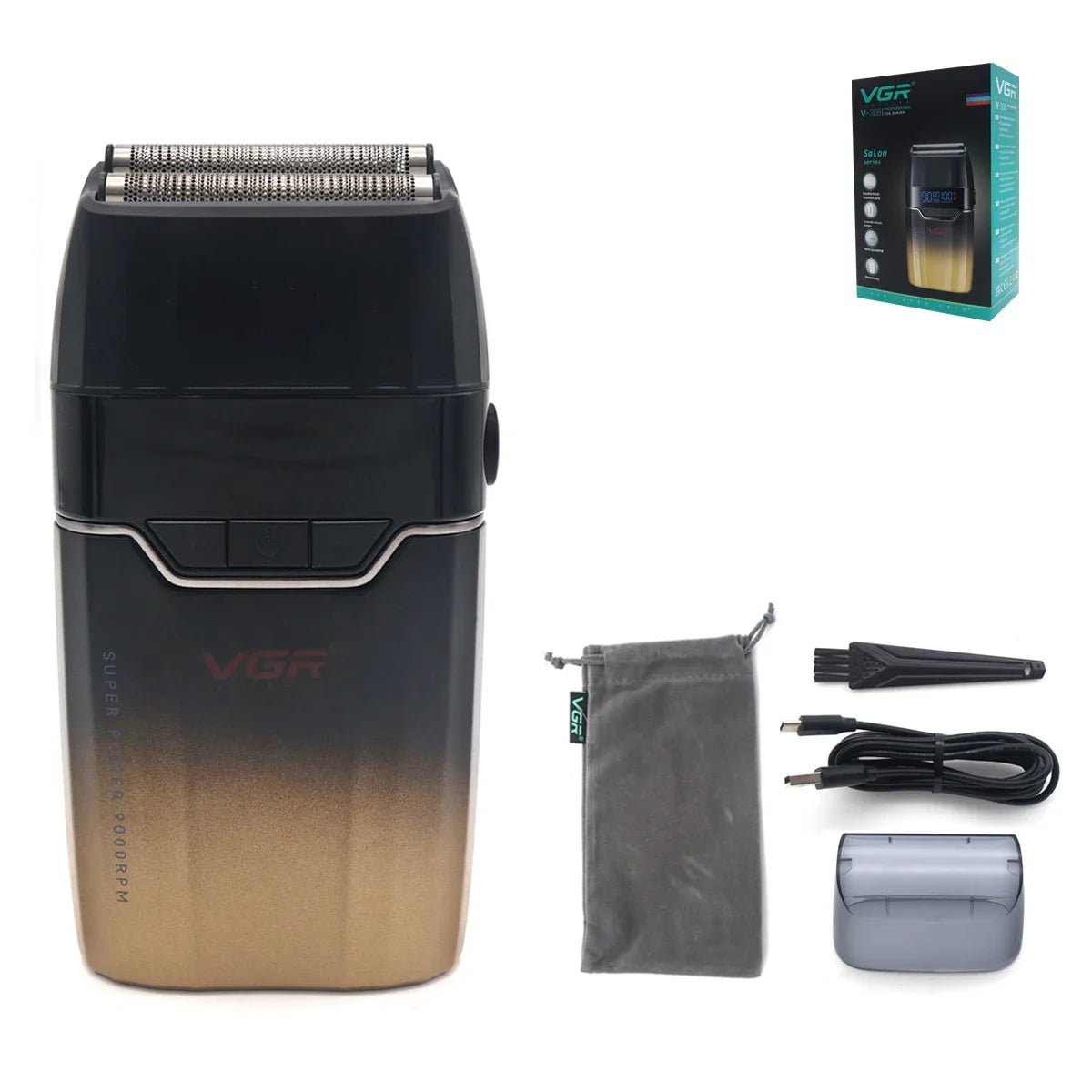 VGR Professional Shaver with DLC Blades, Full Metal, USB Rechargeable, and LED Display for Men