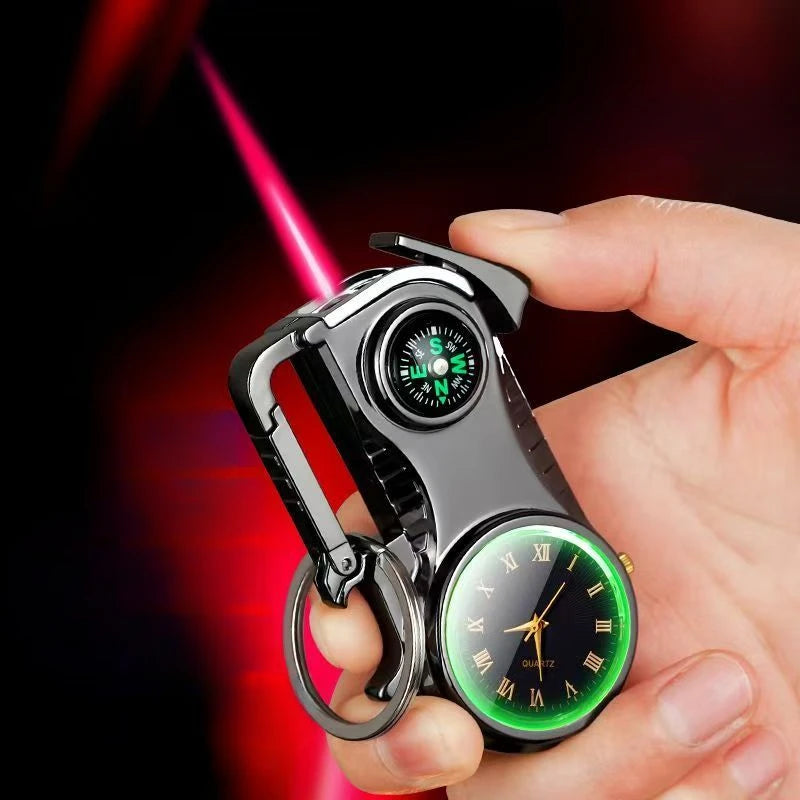 Outdoor Compass Keychain Inflatable Windproof Lighter Multi-function Watch Bottle Opener Red Flame Butane Lighters Survival Tool