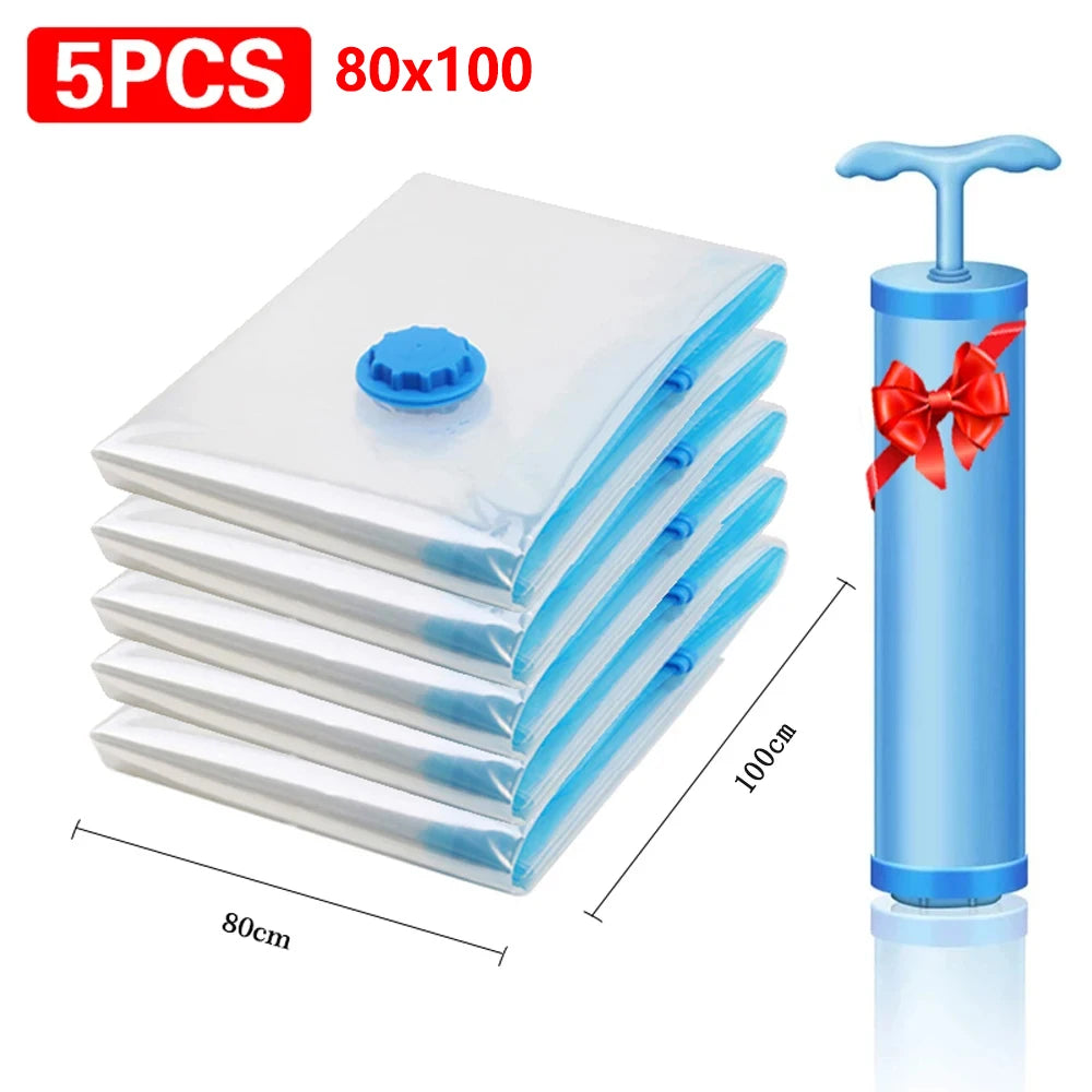 5Pcs Vacuum Bags for Storing Clothes Space Saver Vacuum Storage Bag with Hand Pump for Comforters,Blanket Storage,Bedding