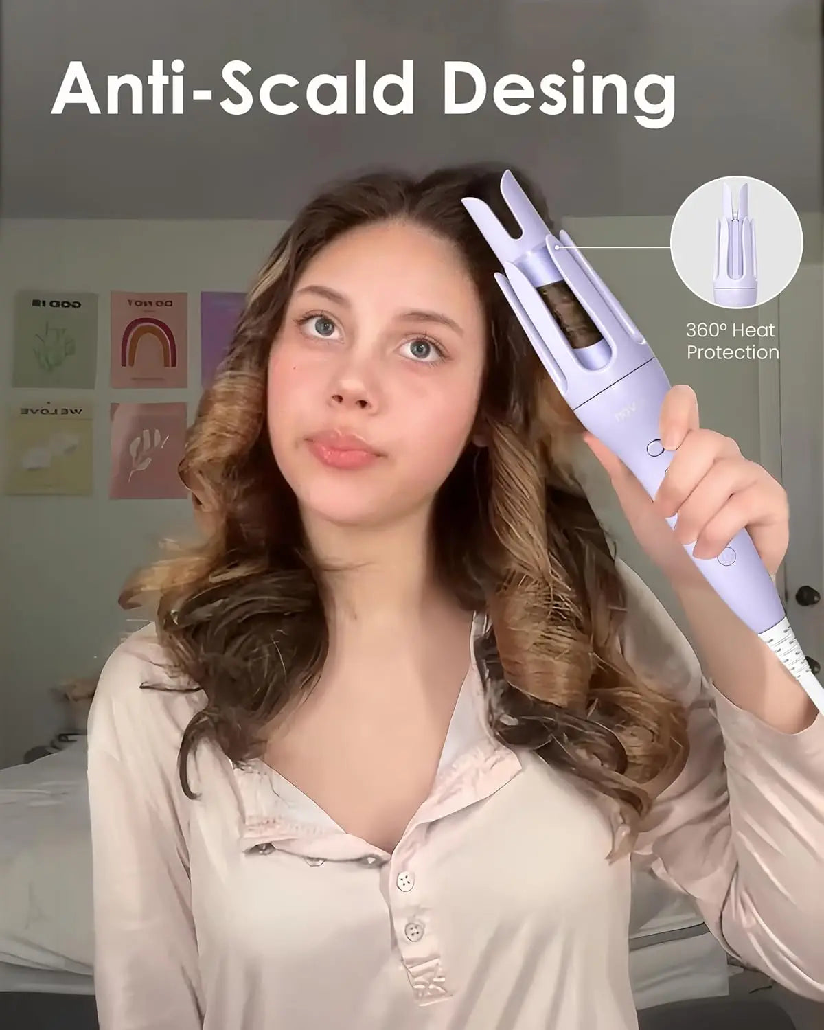 1.25 Inch Rotating Curling Iron for Effortless Waves and Beach Curls, Auto Hair Curler with 60M Ions Anti-Scald, Fast Heating fo