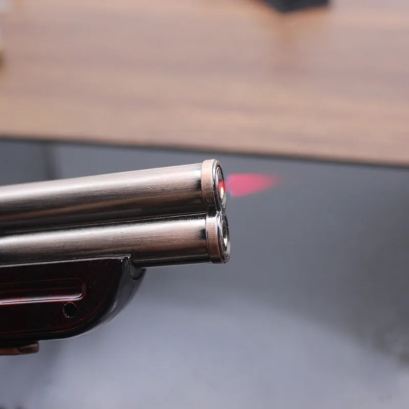 Retro Gun Shaped Gas Lighter Creative Desktop Decoration Windproof Red Flame Metal Cool Office Living Room Decoration Men's Gift
