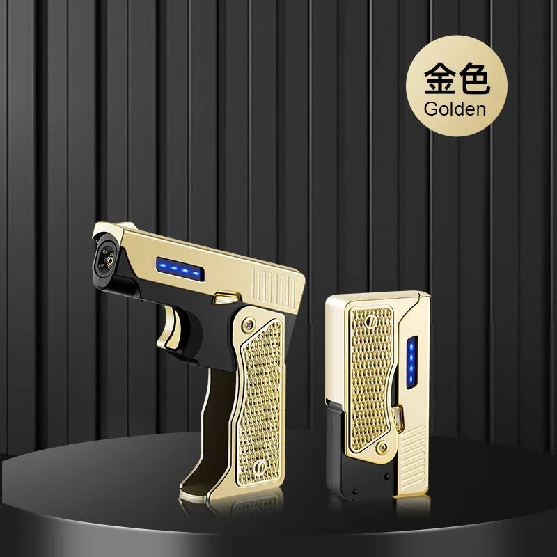 Creative Folding Gun Type Gas and Electric Lighter, USB Rechargeable, Windproof Direct Flush Lighter, Men's Cigarette Lighter