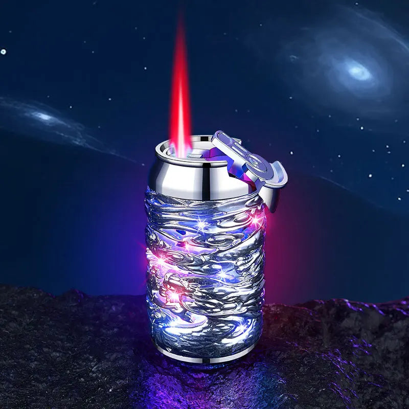 Windproof Straight Red Flame Butane Inflatable Lighter 3D Relief Dragons Lighter with Colorful Light