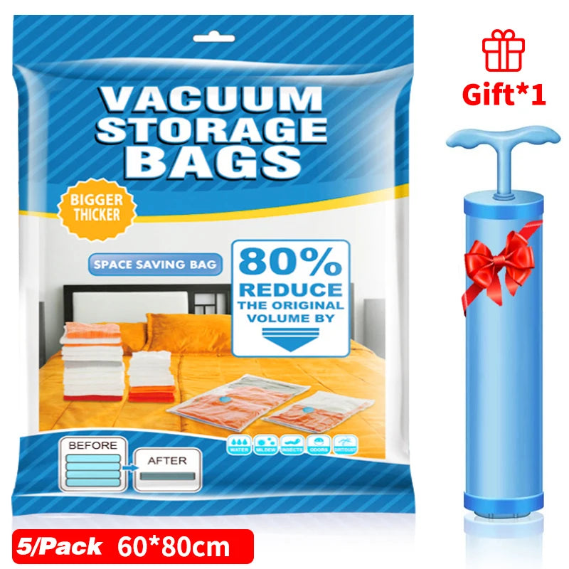 5Pcs Vacuum Bags for Storing Clothes Space Saver Vacuum Storage Bag with Hand Pump for Comforters,Blanket Storage,Bedding