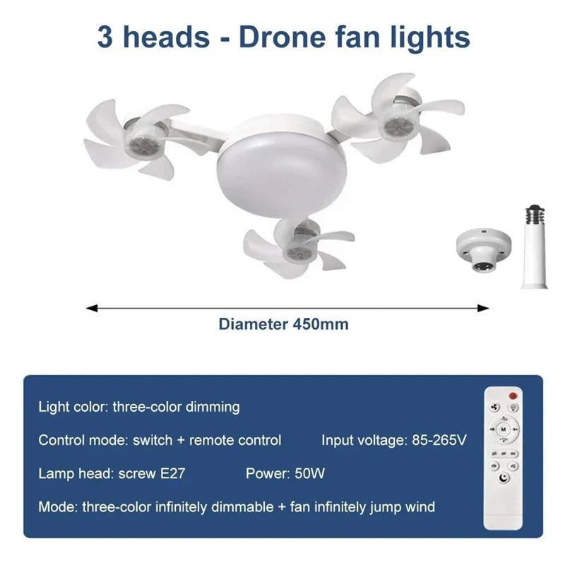 Socket Fan Lights with Remote Ceiling Fan with Light 3-Color Dimmable LED Ultra-Quiet Waterproof with Foldable for Bedroom Use