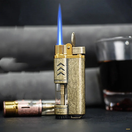 HONEST 720° Seamless Steel Hose Windproof Jet Blue Flame Butane Gas Lighter Visible Gas Window Outdoor BBQ Kitchen Cigar Lighter
