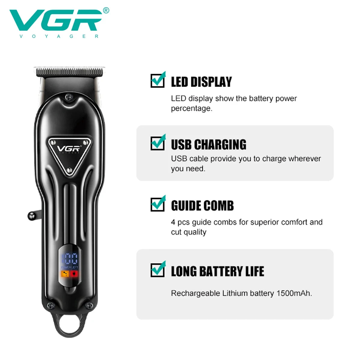 VGR V-298 electric metal hair clipper, professional high-power electric push shear, oil head carving, intelligent digital displa
