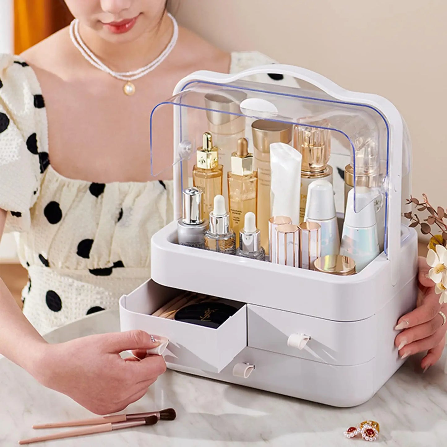 Cosmetic Organizer  Countertop Organizer For Dresser With Lid And Drawer Countertop Waterproof And Dustproof Skin Care Organizer