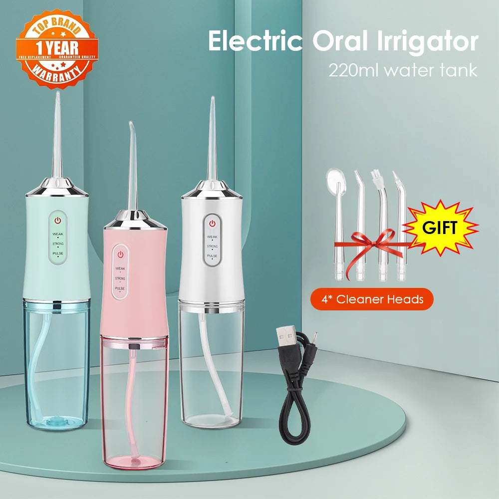Oral Irrigator kit Portable Dental Water Flosser USB Rechargeable Water Jet Floss Tooth Pick 4 Tip 220ml 3 Modes IPX7 1400rpm