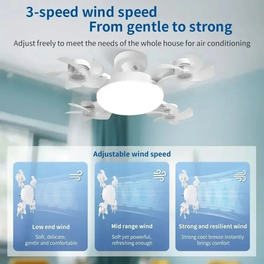 Socket Fan Lights with Remote Ceiling Fan with Light 3-Color Dimmable LED Ultra-Quiet Waterproof with Foldable for Bedroom Use
