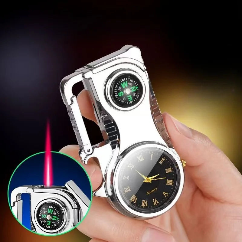 Outdoor Compass Keychain Inflatable Windproof Lighter Multi-function Watch Bottle Opener Red Flame Butane Lighters Survival Tool