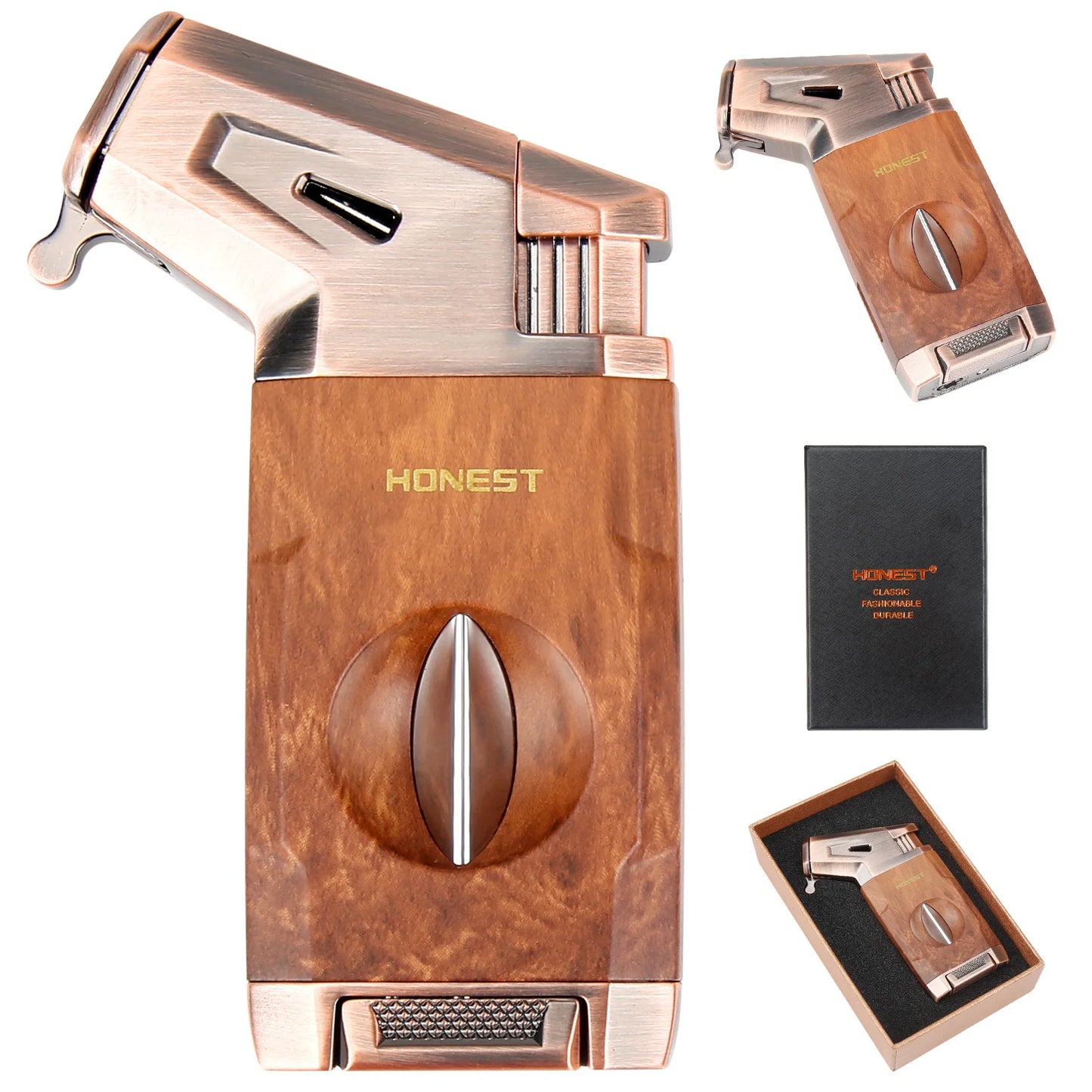 Wood Grain Torches Lighter with V-Cutter All Purpose Cool Refillable Lighters for Men Adults Teens