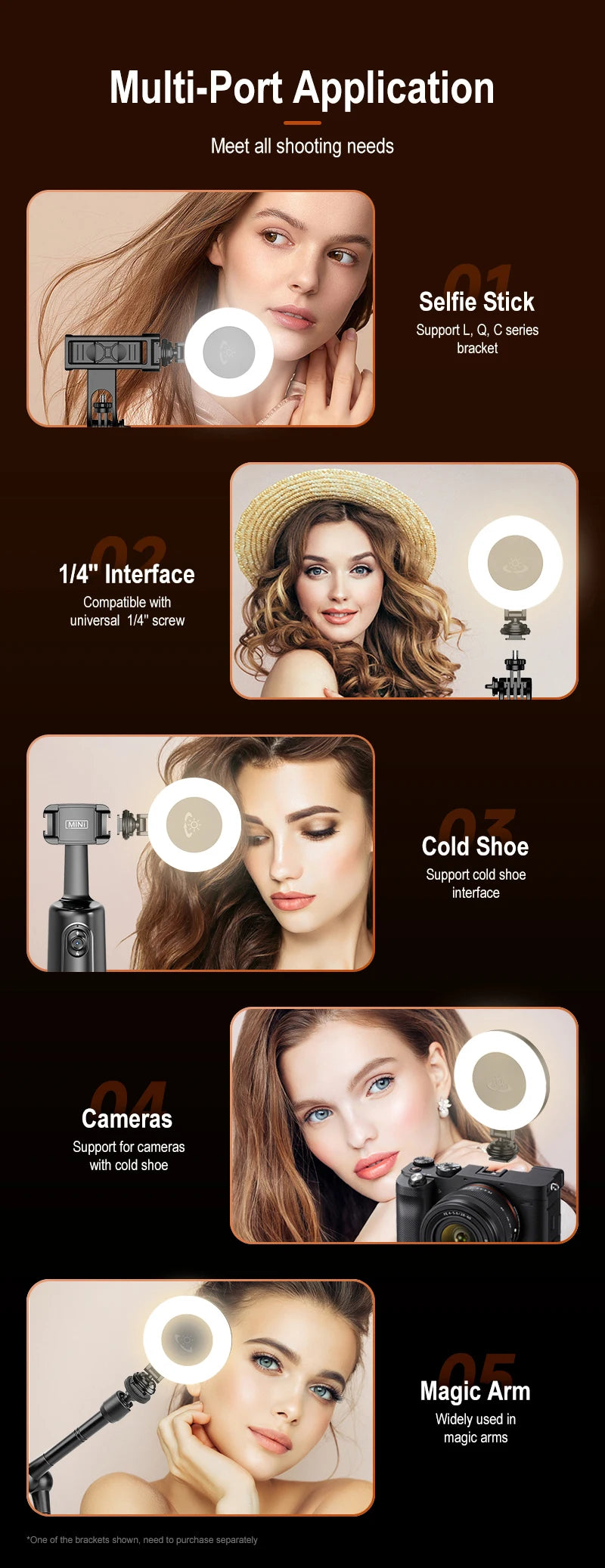 Portable Fill Light for Selfie Stick All Round Rotation Multi Ports for 1/4 Screw Cameras Magic Arm Live Broadcast Mobile Phone
