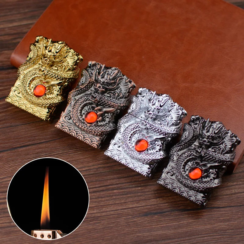 Heavy Craftsmanship Relief Grinding Wheel Open Flame Lighter Vintage Retro Three-dimensional Relief Metal Shell Men's Gift