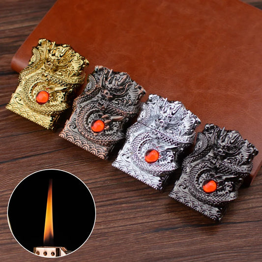 Heavy Craftsmanship Relief Grinding Wheel Open Flame Lighter Vintage Retro Three-dimensional Relief Metal Shell Men's Gift