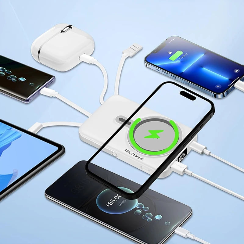 Power Bank 10000mAh, Fast Charging Portable Battery, with Stand and 4 Cables Wireless Magnetic Charger for iPhone 14/13/Pro/Mini