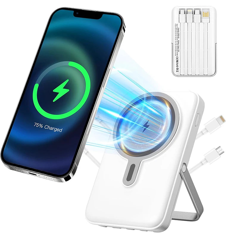 Power Bank 10000mAh, Fast Charging Portable Battery, with Stand and 4 Cables Wireless Magnetic Charger for iPhone 14/13/Pro/Mini